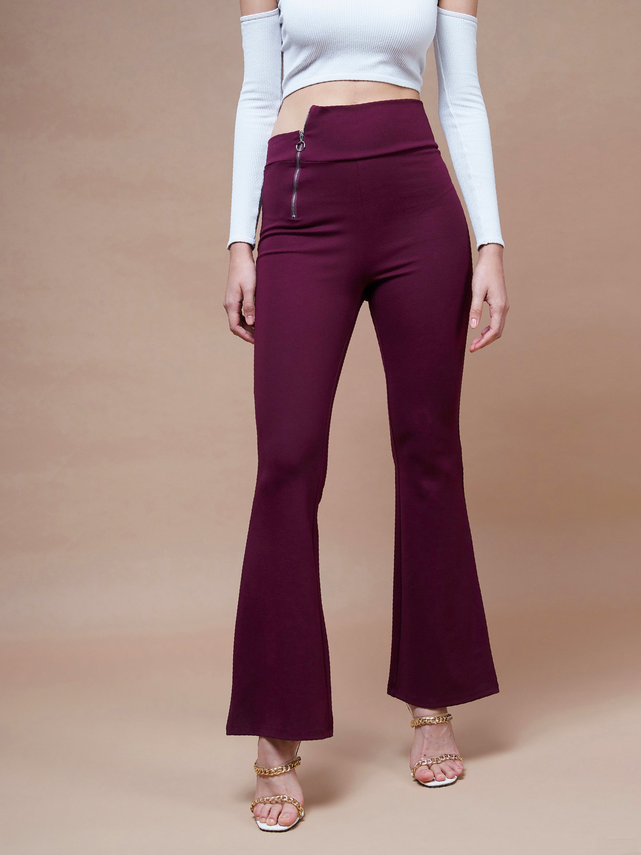 Women's Burgundy Side Zipper Bell Bottom Pants - SASSAFRAS