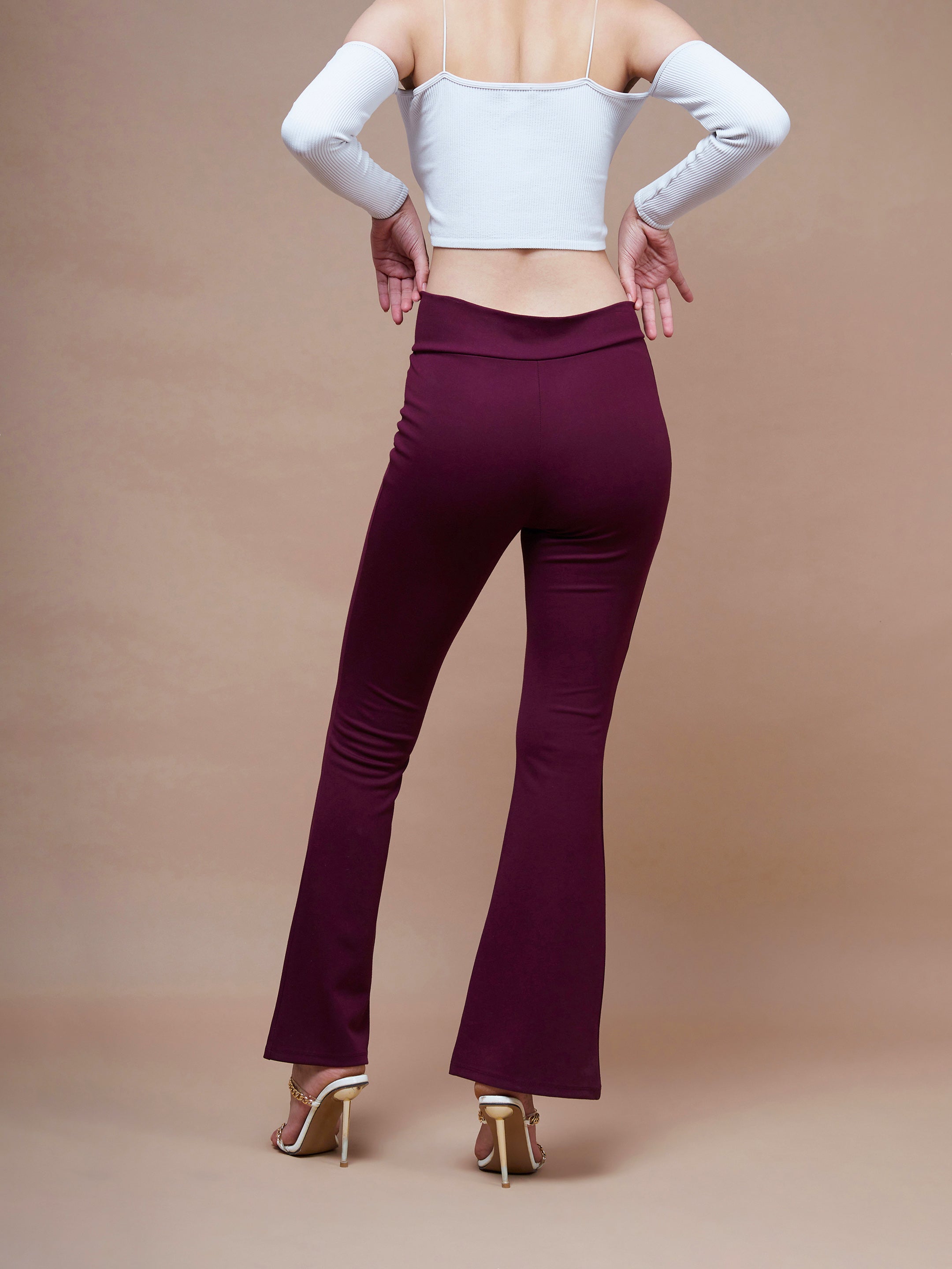 Women's Burgundy Side Zipper Bell Bottom Pants - SASSAFRAS