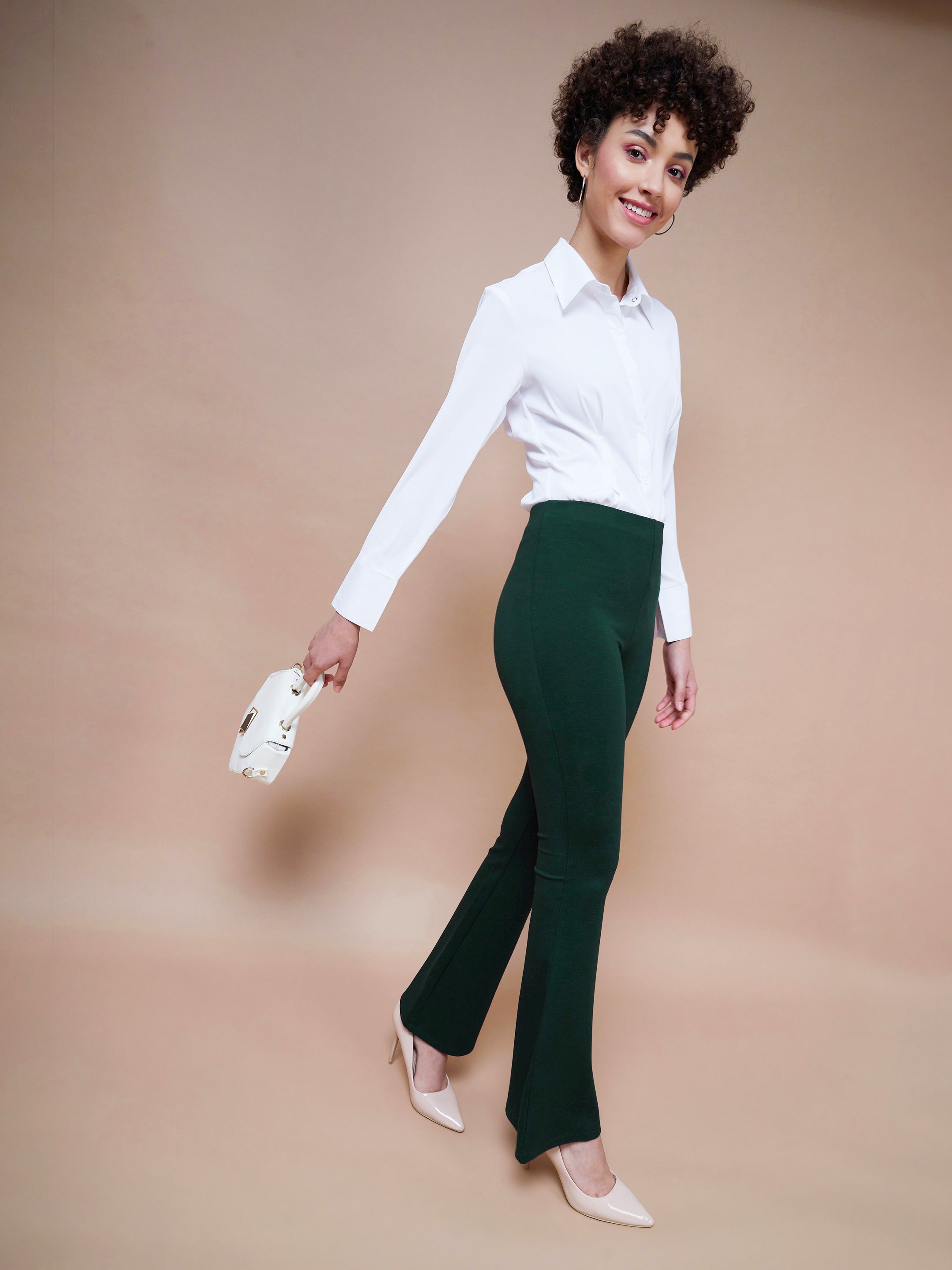 Women's Emerald Green Bell Bottom 4-Way Stretch Pants - SASSAFRAS