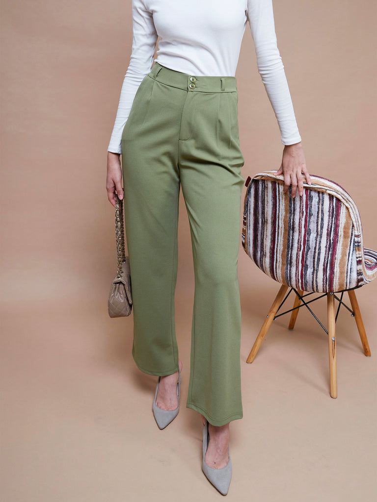Women's Olive Pleated Straight Stretchable Pants