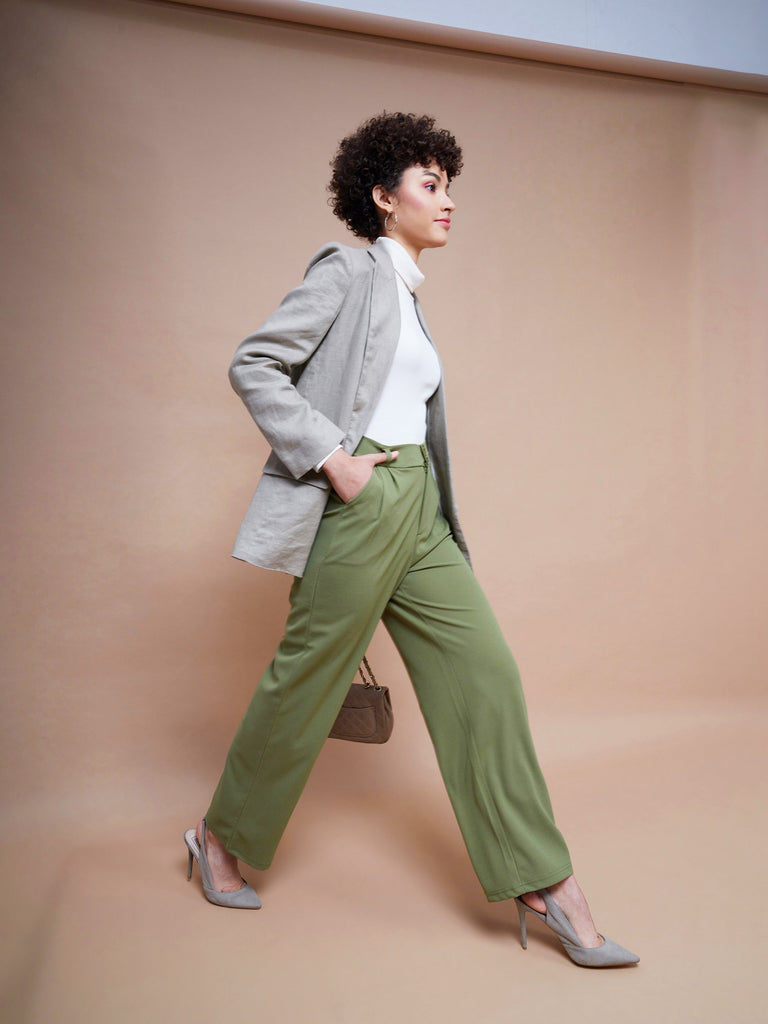 Women's Olive Pleated Straight Stretchable Pants