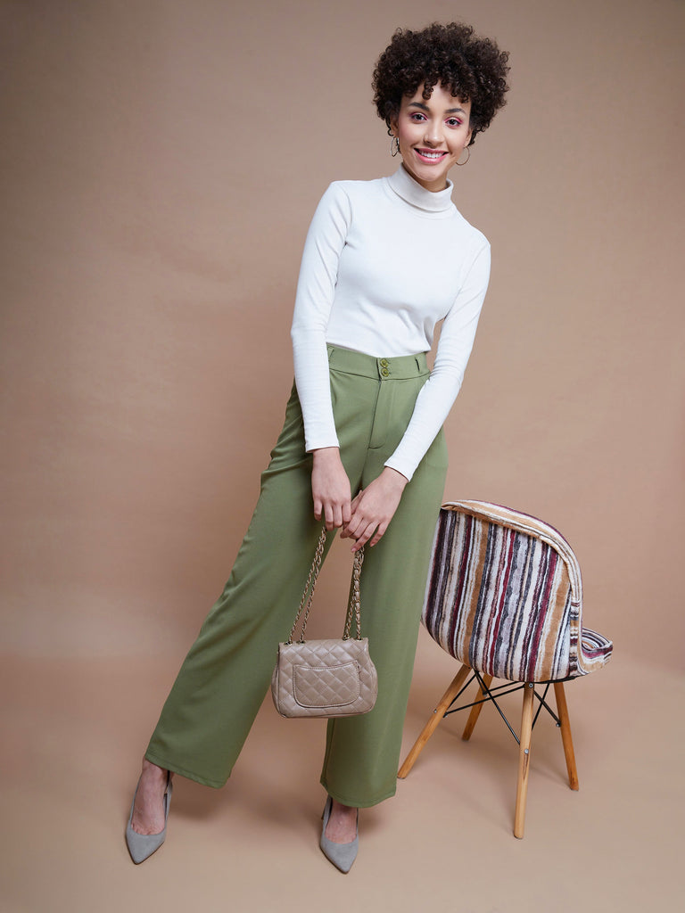 Women's Olive Pleated Straight Stretchable Pants