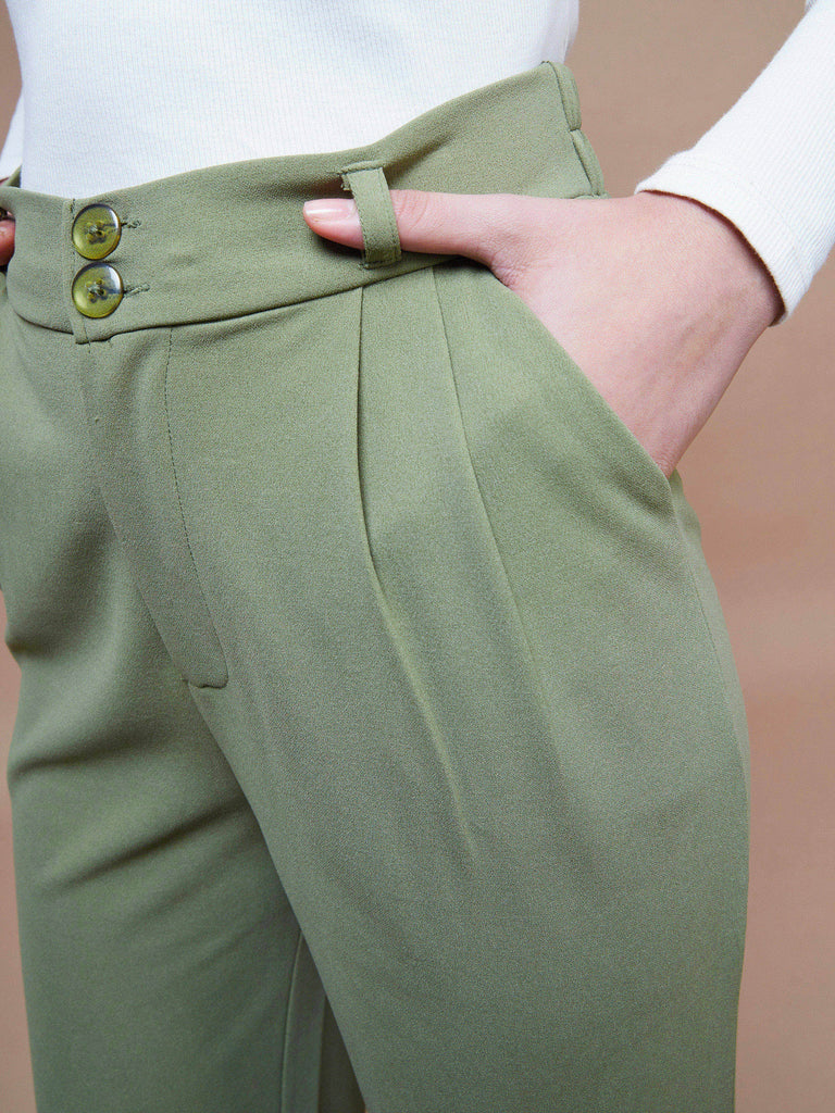 Women's Olive Pleated Straight Stretchable Pants