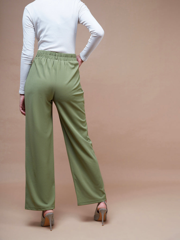 Women's Olive Pleated Straight Stretchable Pants