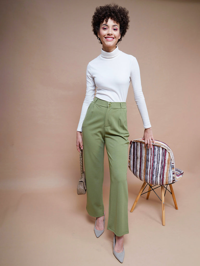 Women's Olive Pleated Straight Stretchable Pants