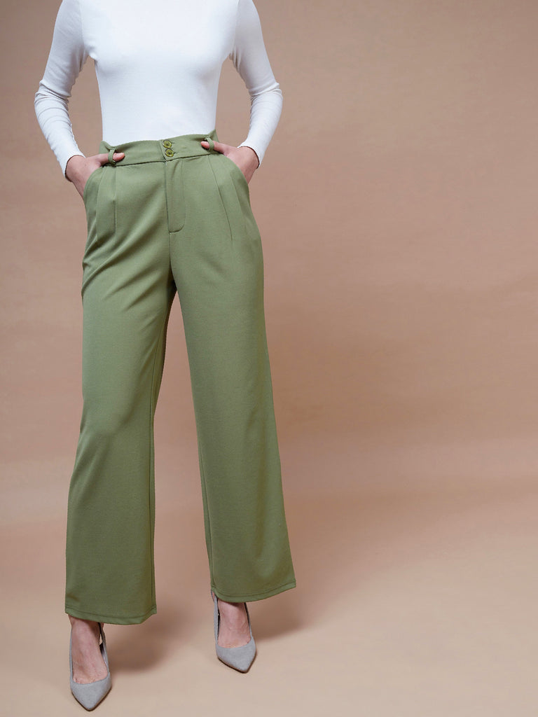 Women's Olive Pleated Straight Stretchable Pants