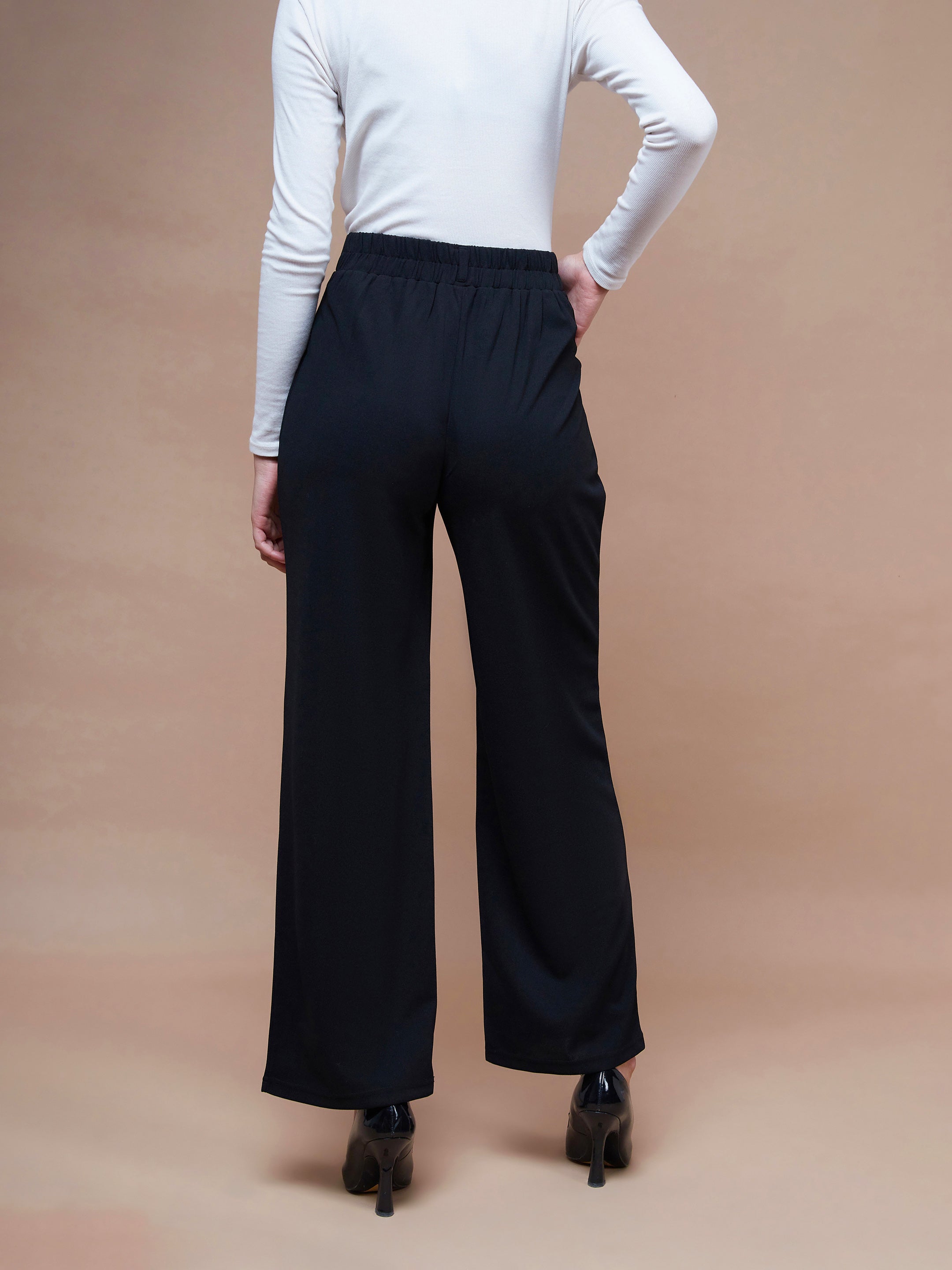 Women's Black Pleated Straight Stretchable Pants - SASSAFRAS