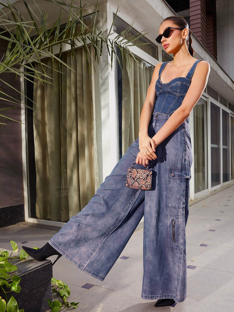 Women's Blue Acid Wash Tencel Wide Leg Pants