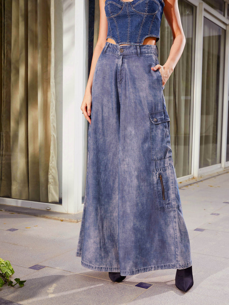 Women's Blue Acid Wash Tencel Wide Leg Pants