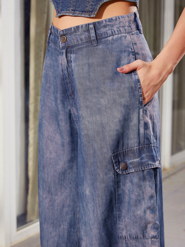 Women's Blue Acid Wash Tencel Wide Leg Pants