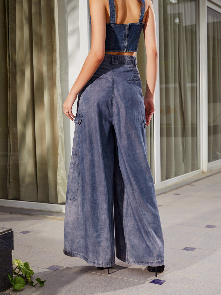 Women's Blue Acid Wash Tencel Wide Leg Pants