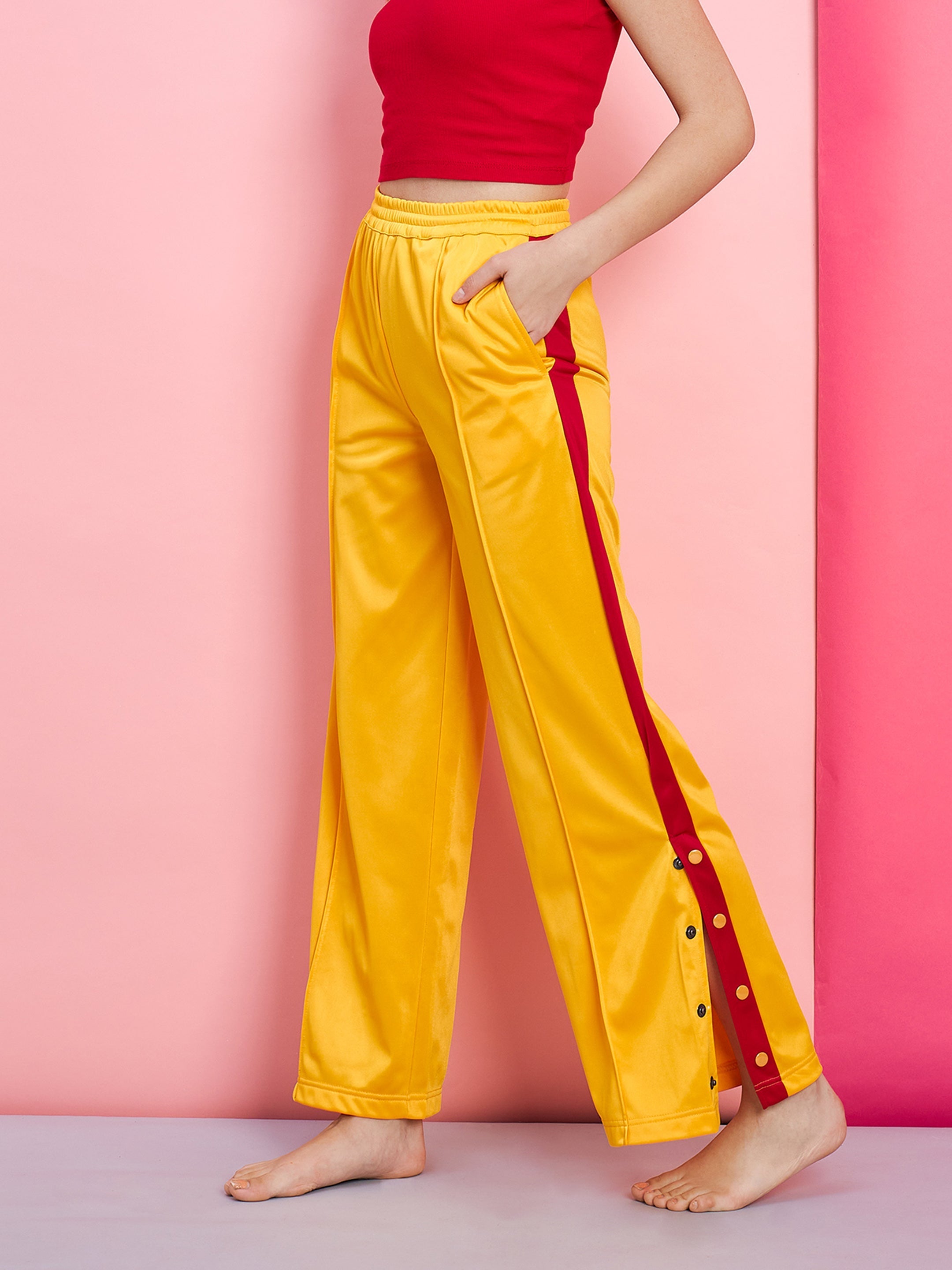 Women's Yellow Side Button Track Pants - SASSAFRAS