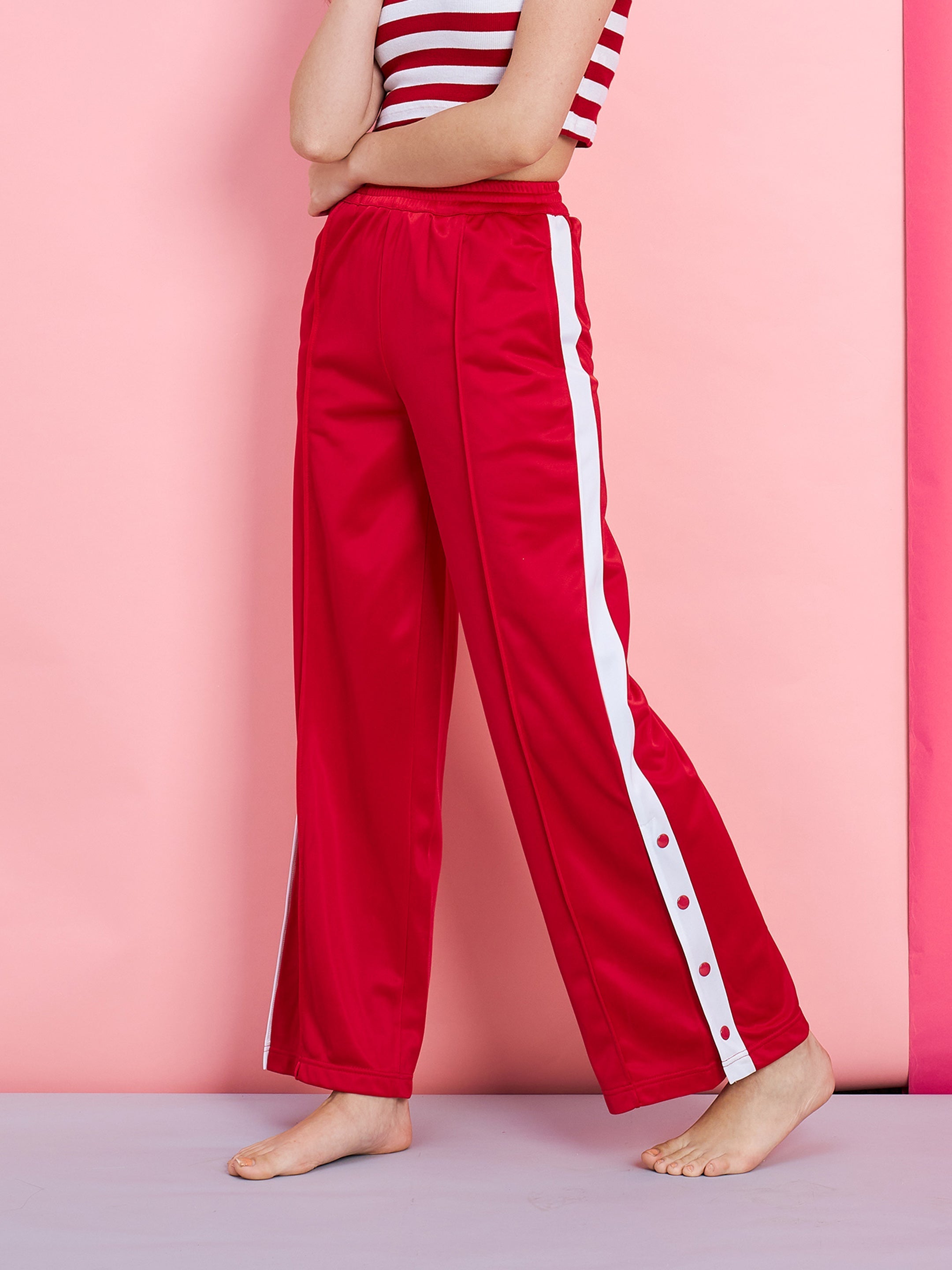 Women's Red Side Button Track Pants - SASSAFRAS