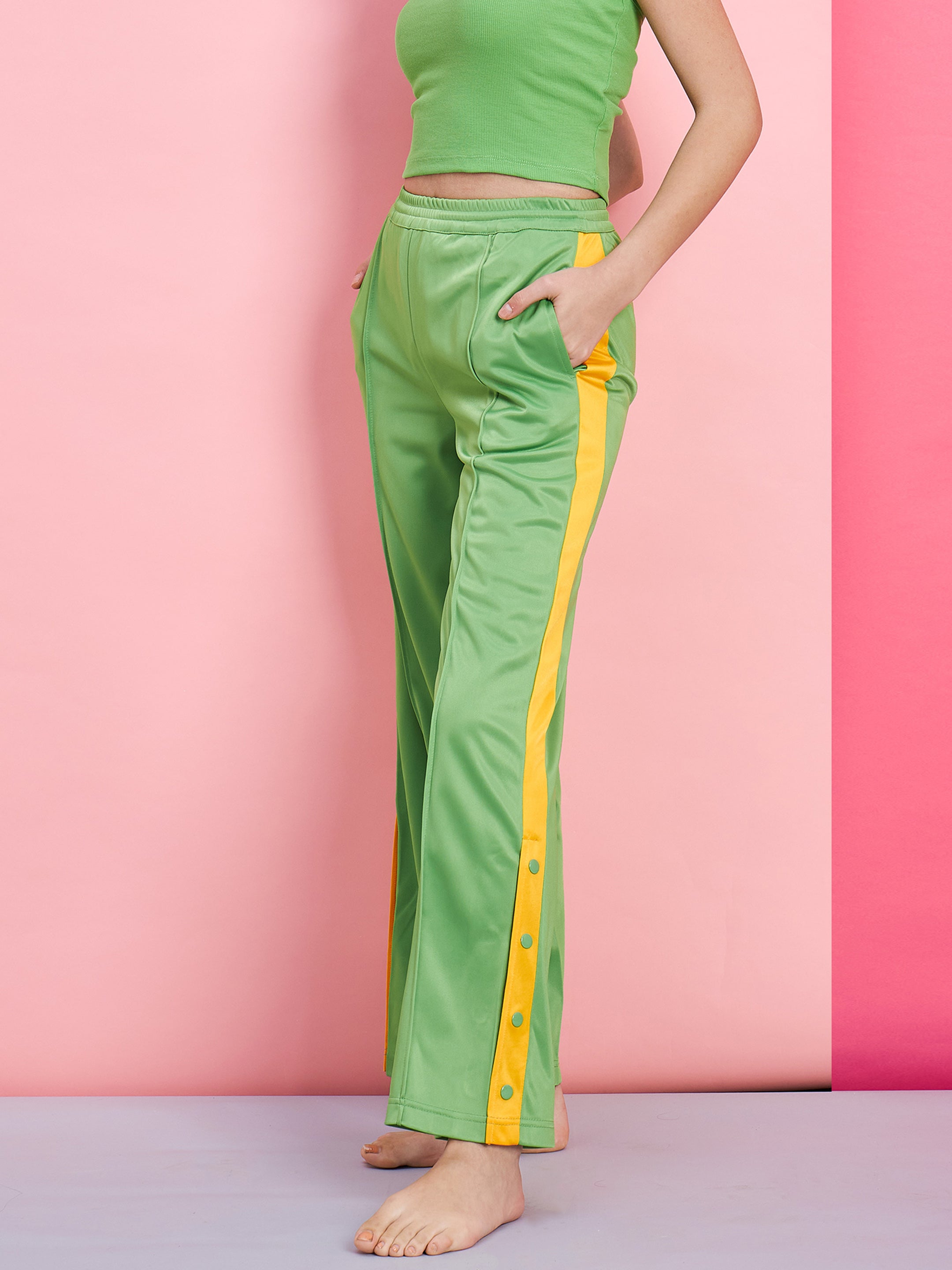 Women's Green Side Button Track Pants - SASSAFRAS