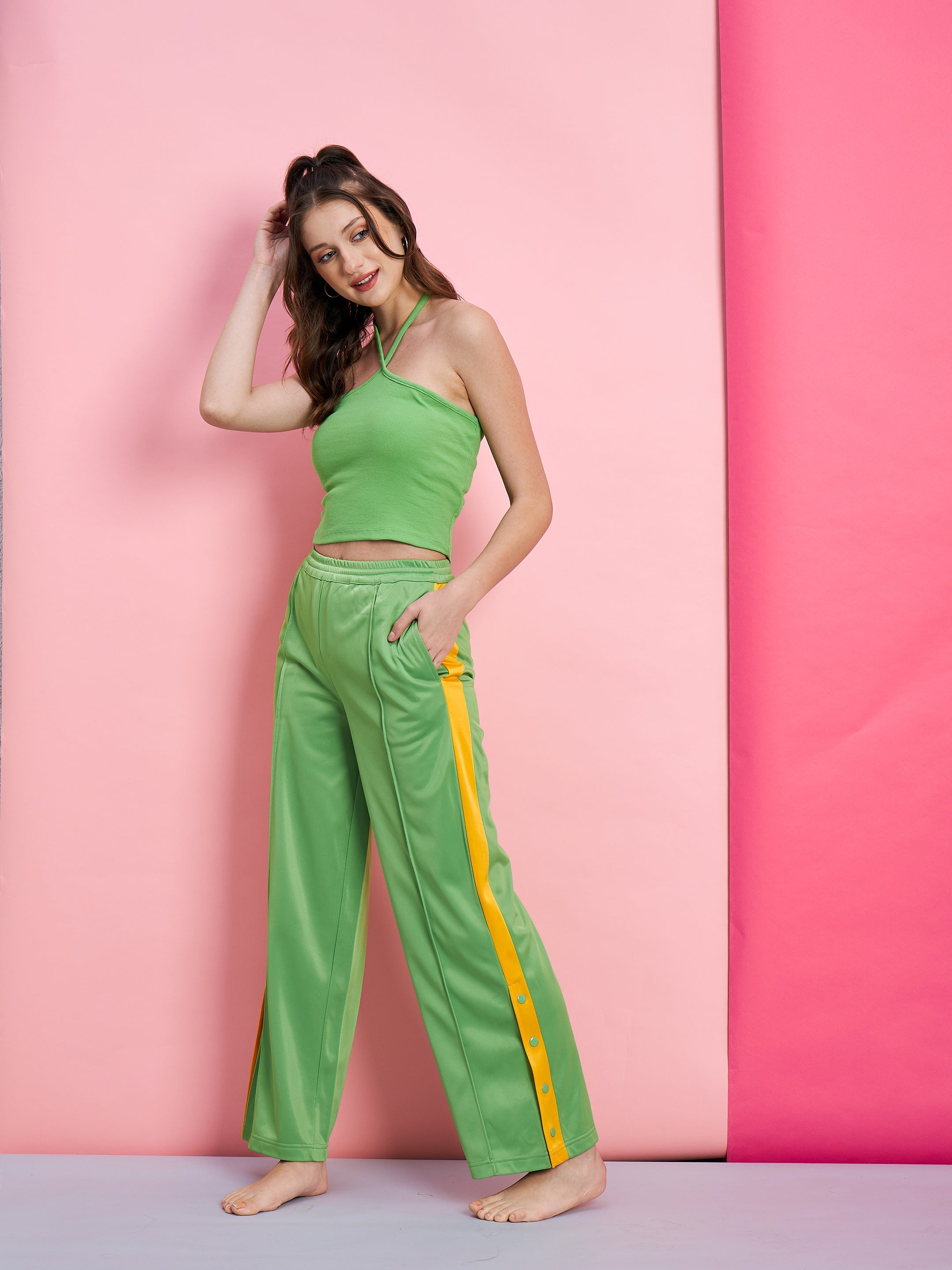 Women's Green Side Button Track Pants - SASSAFRAS