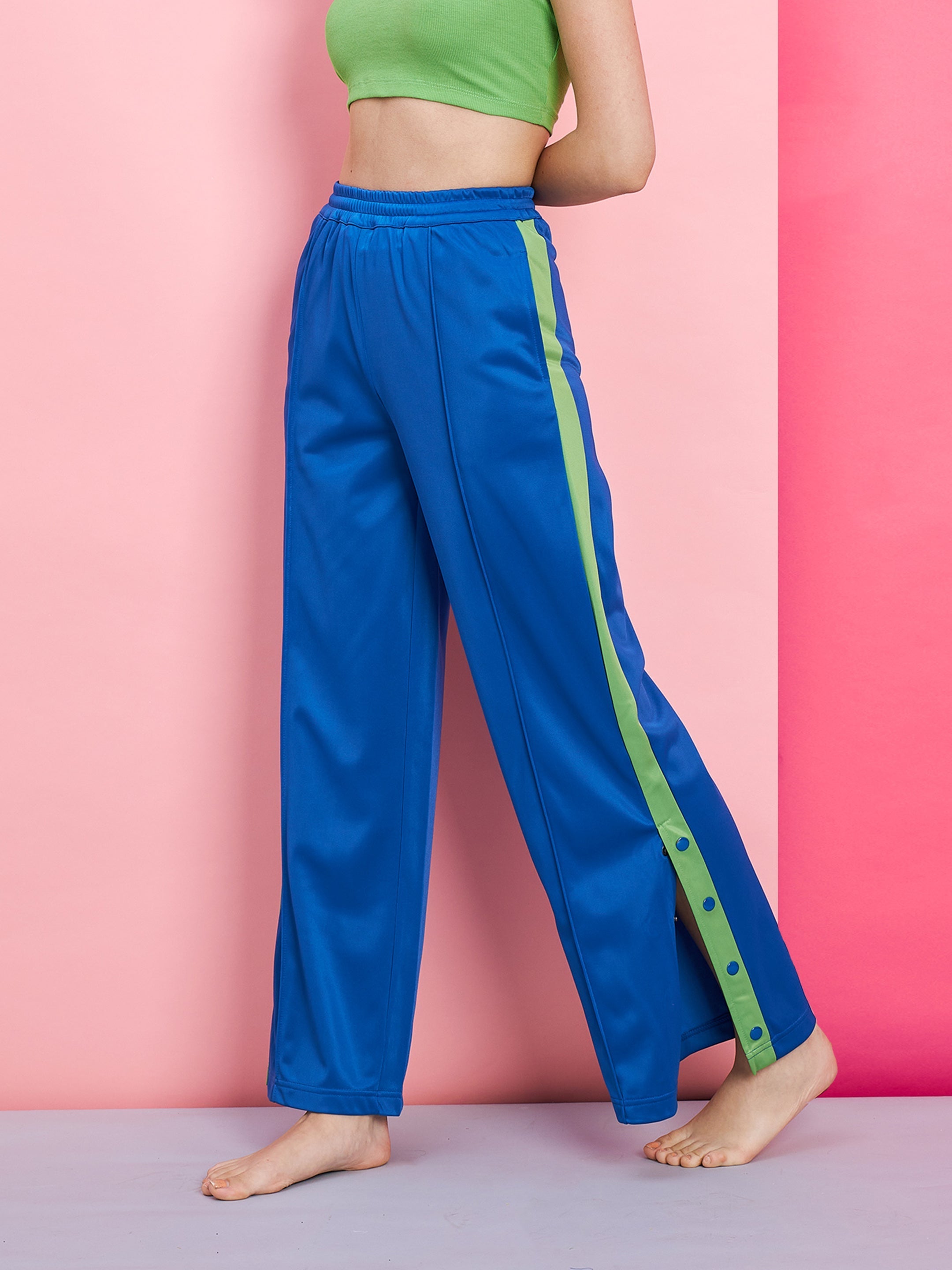 Women's Blue Side Button Track Pants - SASSAFRAS
