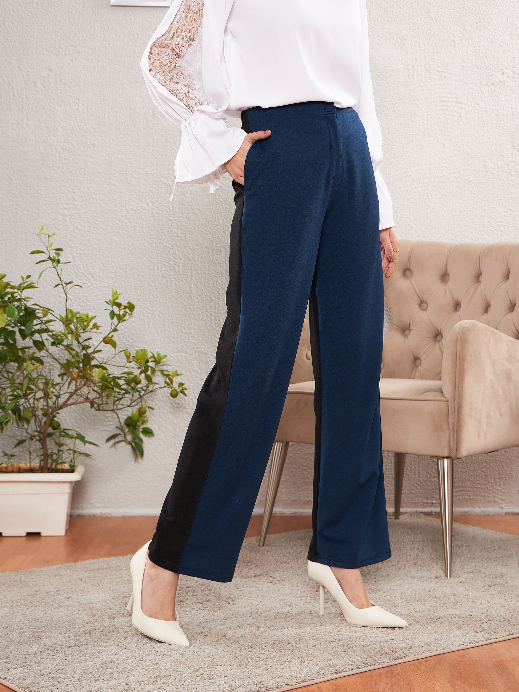 Women's Blue & Black Color Block Straight Pants - SASSAFRAS