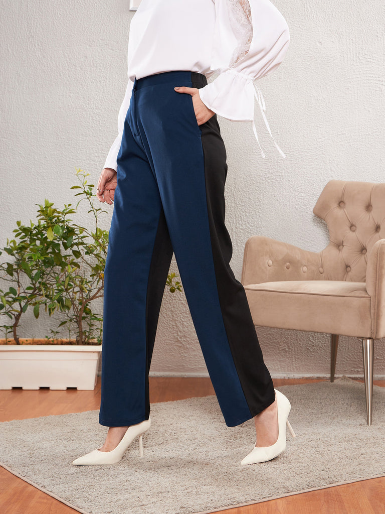 Women's Blue & Black Color Block Straight Pants