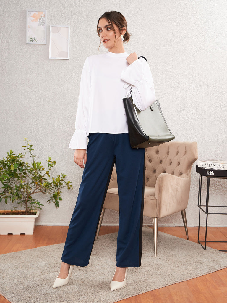 Women's Blue & Black Color Block Straight Pants
