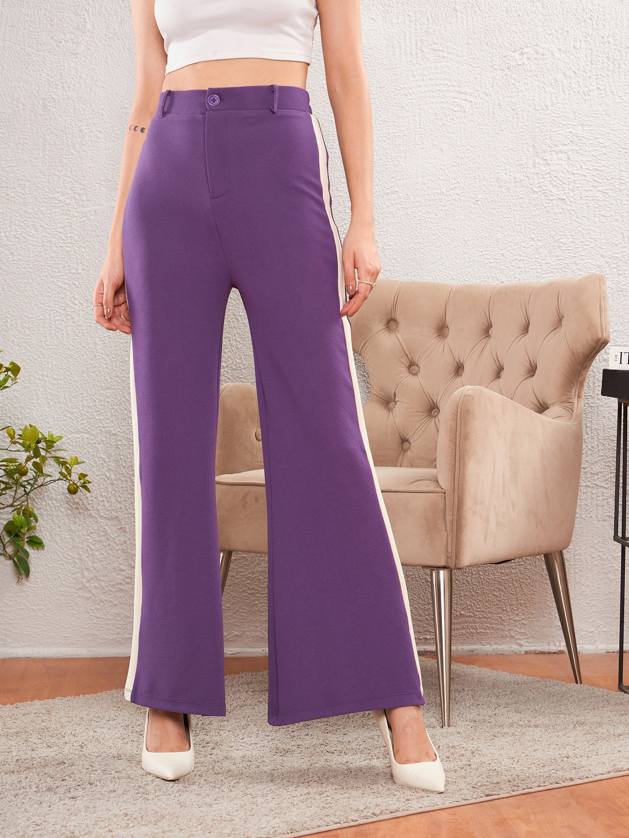 Women's Purple Side Tape Bell Bottom Pants - SASSAFRAS