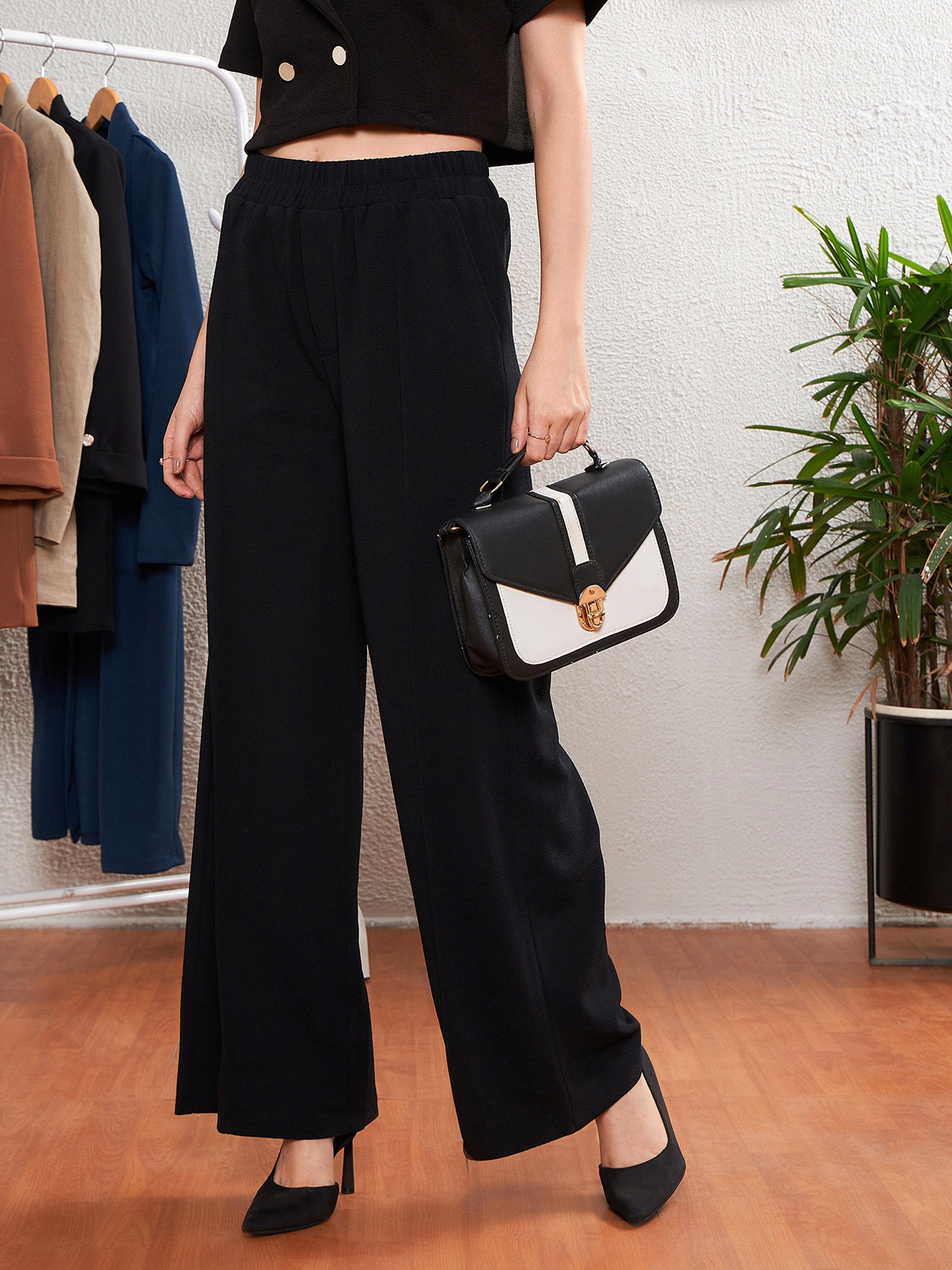 Women's Black Front Darted Palazzo Pants