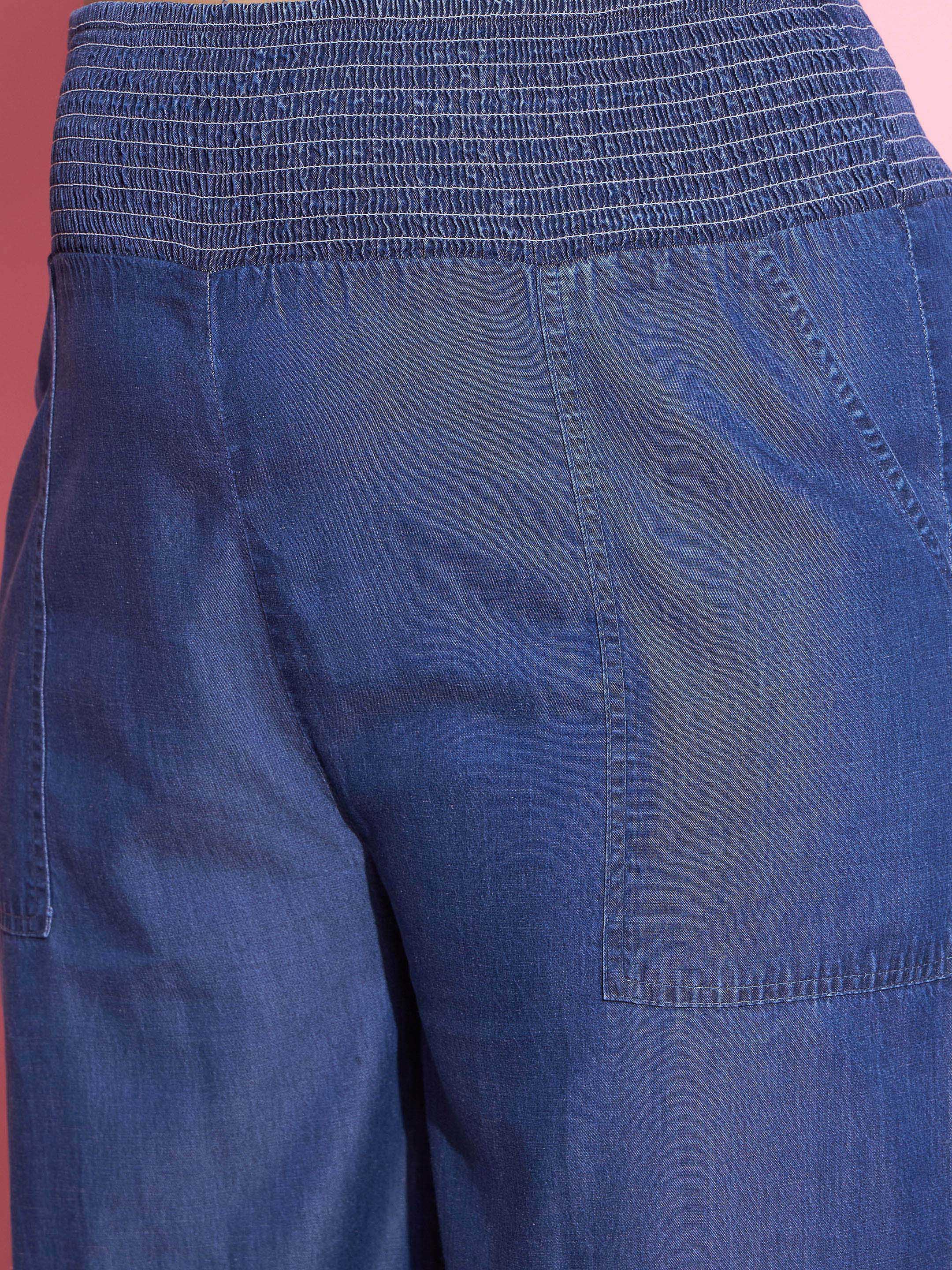 Women's Blue Tencel Smocked Waist Straight Pants - SASSAFRAS