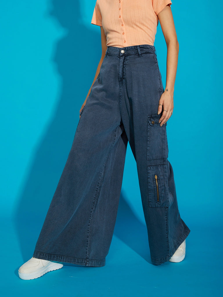 Women's Grey Acid Wash Tencel Wide Leg Pants