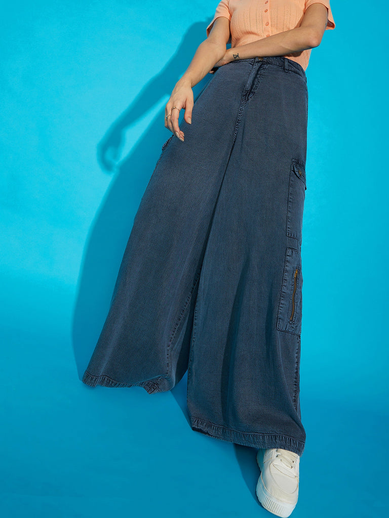 Women's Grey Acid Wash Tencel Wide Leg Pants