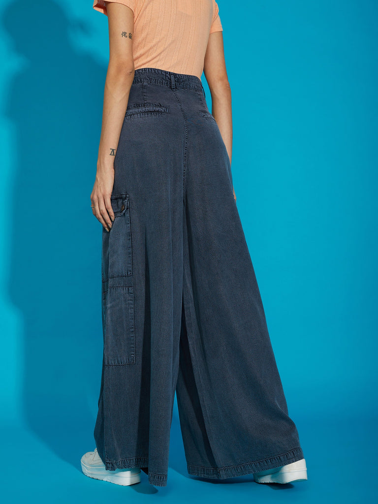 Women's Grey Acid Wash Tencel Wide Leg Pants