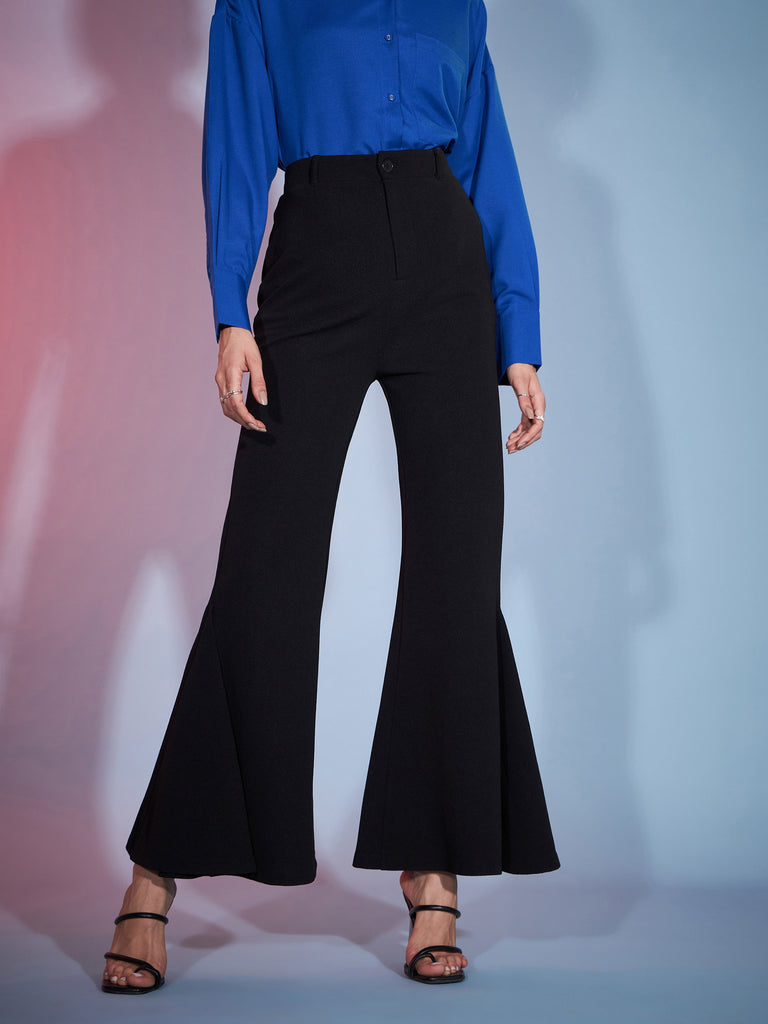 Women's Black Bell Bottom Kick Pleats Knitted Pants