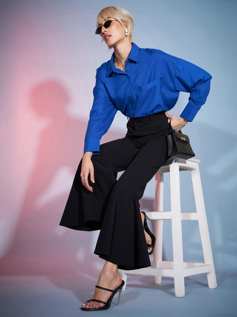 Women's Black Bell Bottom Kick Pleats Knitted Pants
