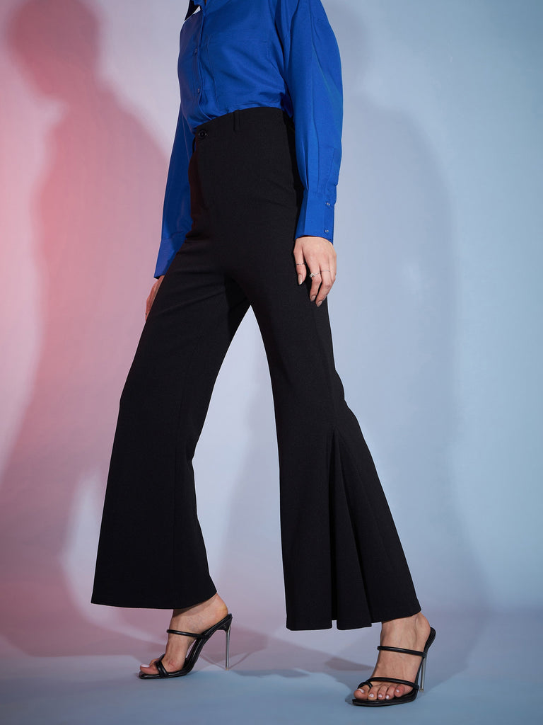 Women's Black Bell Bottom Kick Pleats Knitted Pants
