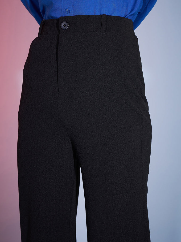 Women's Black Bell Bottom Kick Pleats Knitted Pants