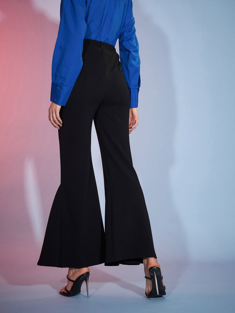 Women's Black Bell Bottom Kick Pleats Knitted Pants
