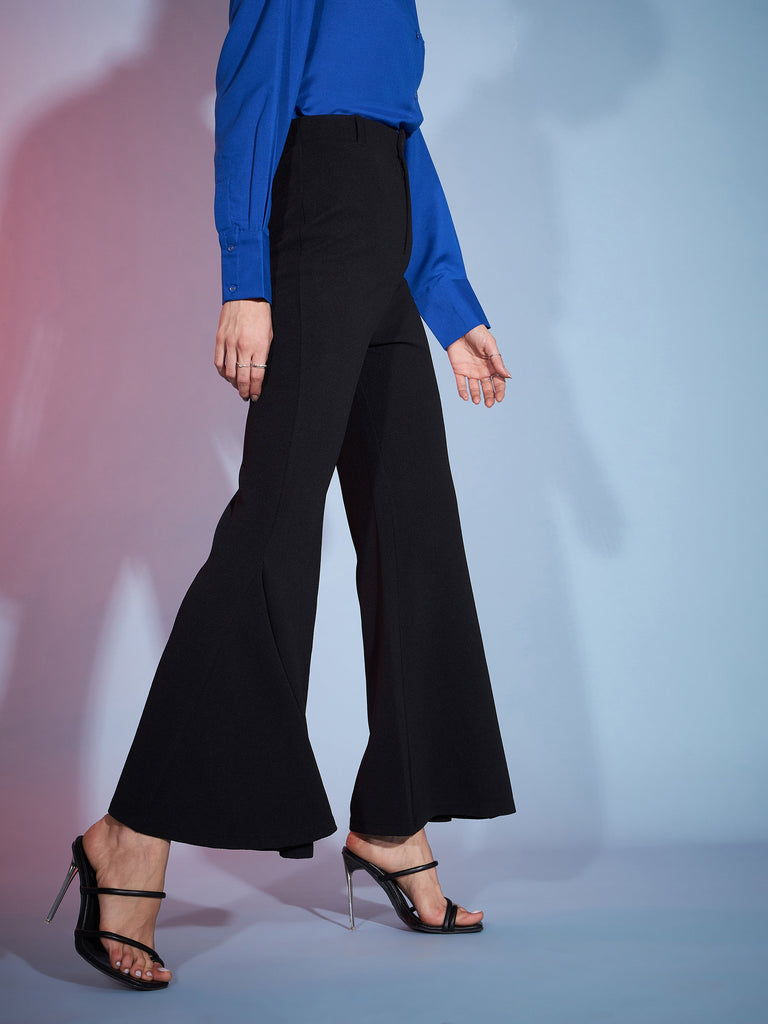Women's Black Bell Bottom Kick Pleats Knitted Pants