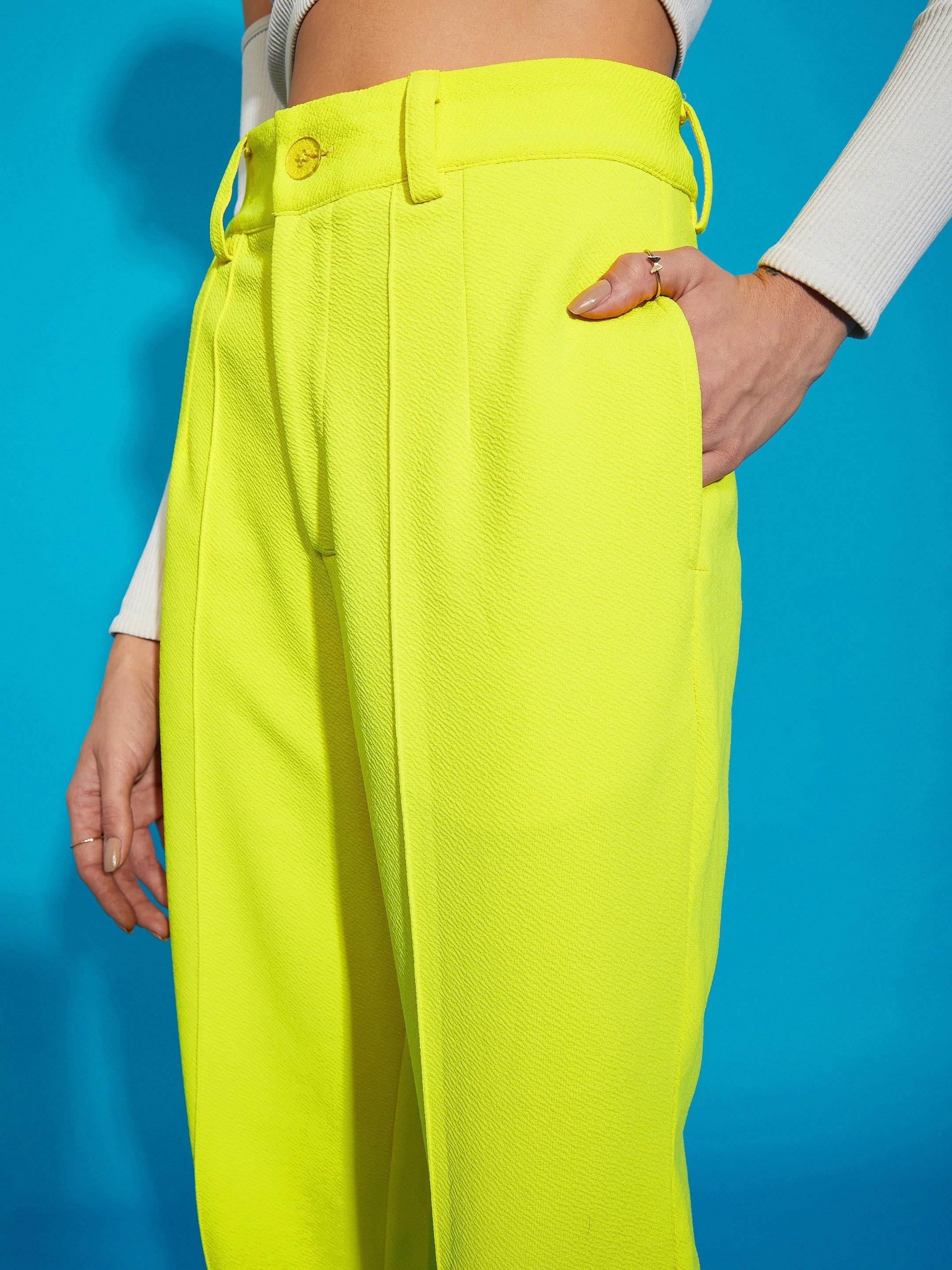 Women's Neon Yellow Knitted Front Darted Pants - SASSAFRAS