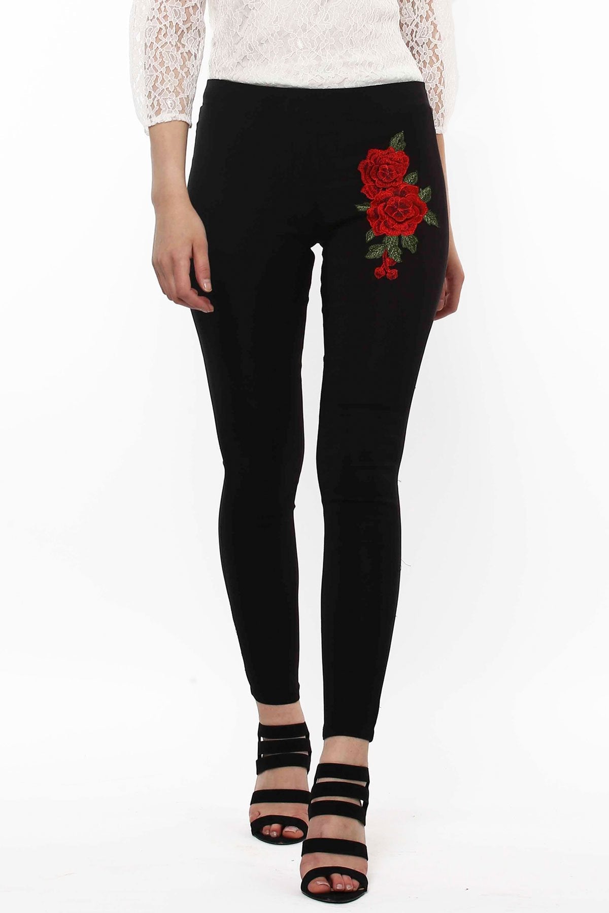 Women's Black Embroidered Flower Patch Jegging - SASSAFRAS