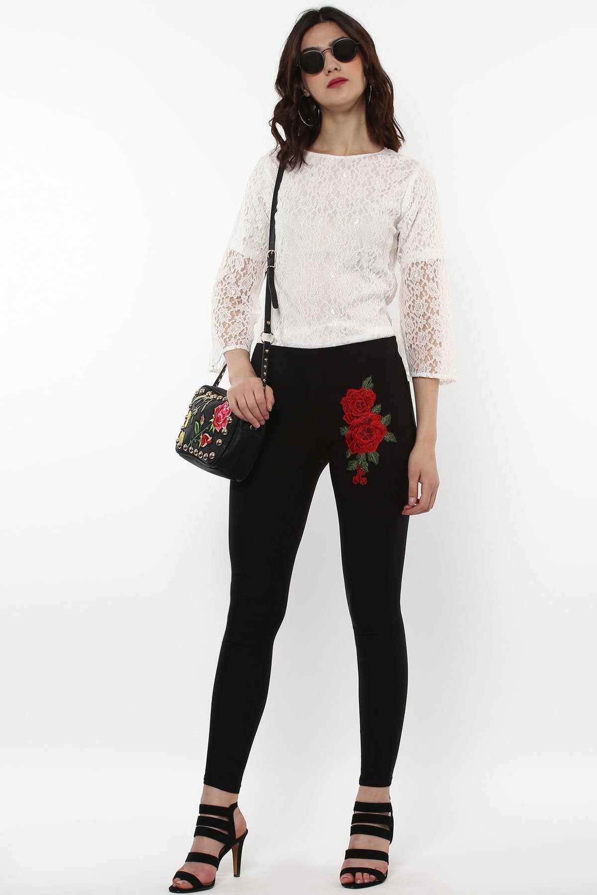 Women's Black Embroidered Flower Patch Jegging - SASSAFRAS