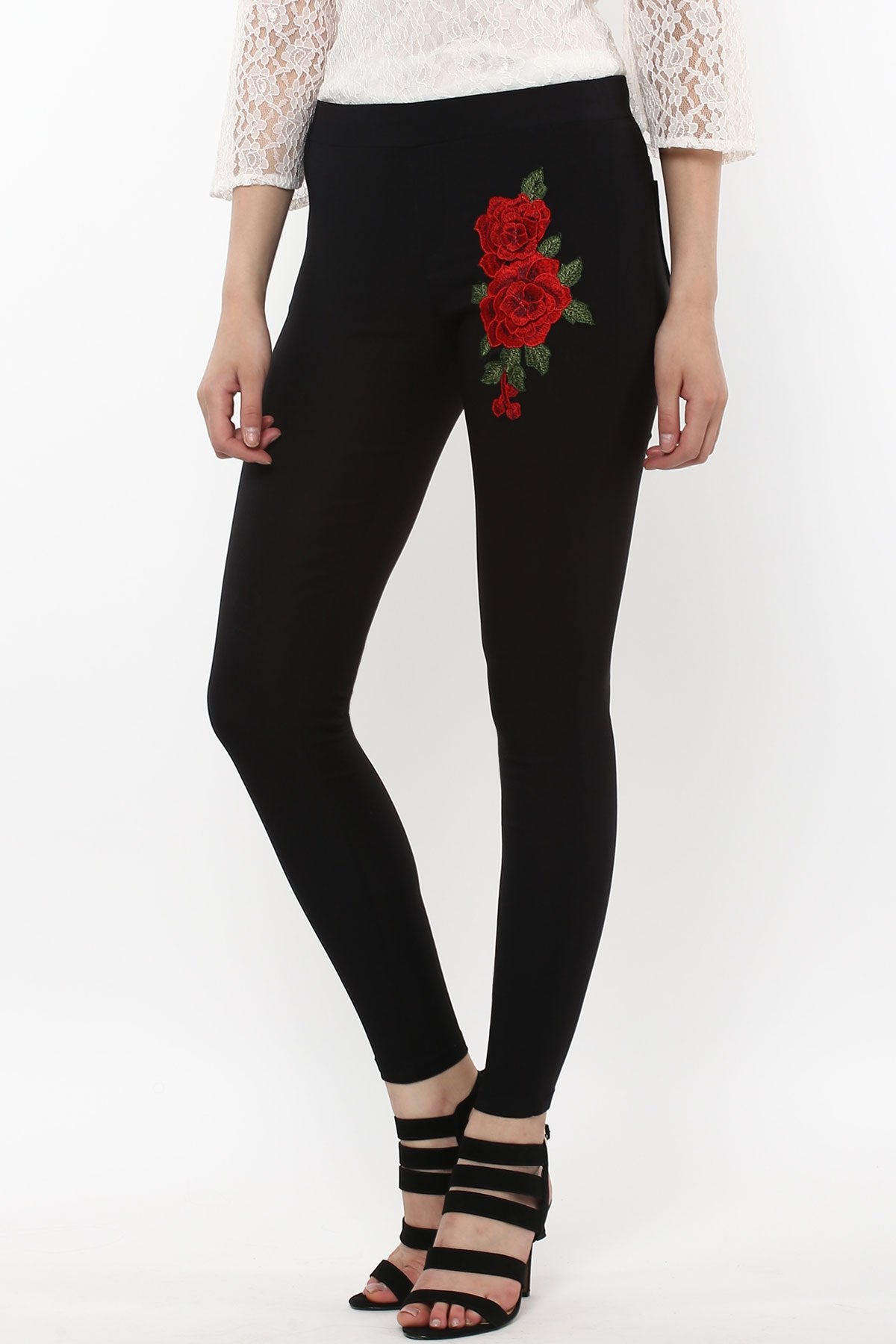 Women's Black Embroidered Flower Patch Jegging - SASSAFRAS