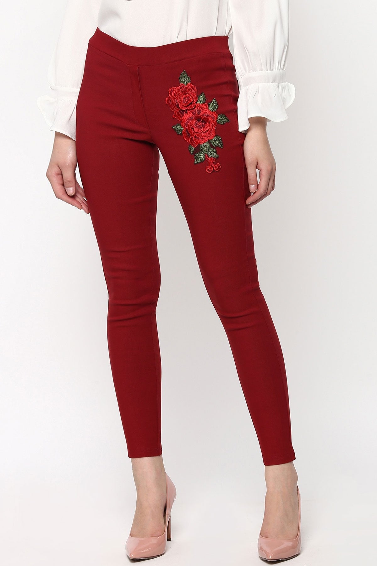 Women's Maroon Embroidered Flower Patch Jegging - SASSAFRAS