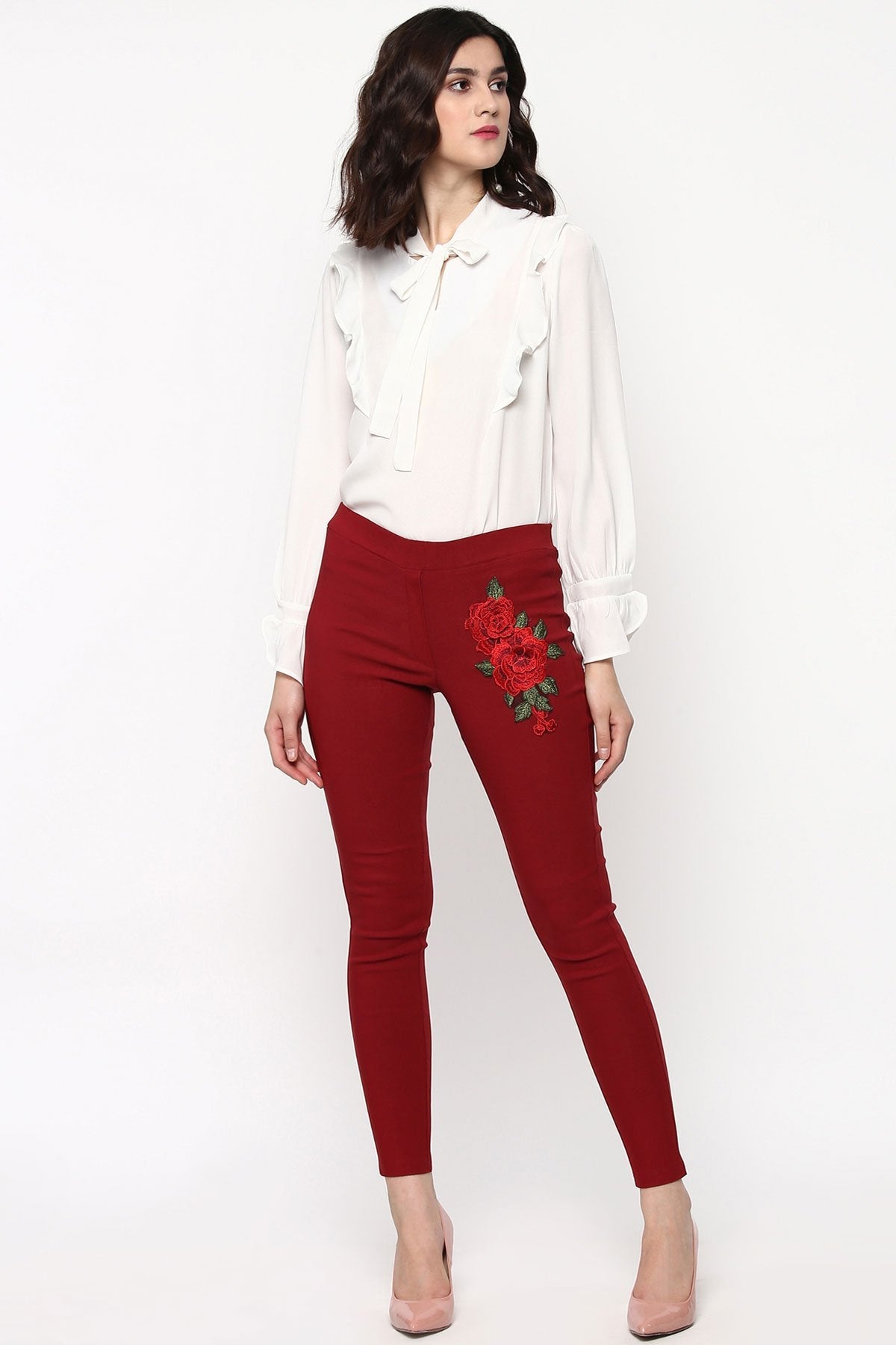 Women's Maroon Embroidered Flower Patch Jegging - SASSAFRAS