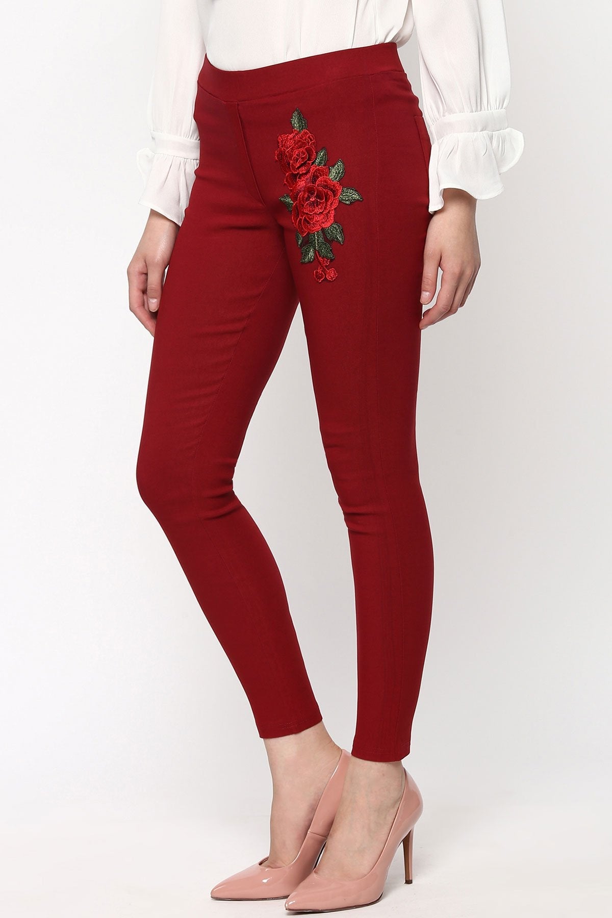 Women's Maroon Embroidered Flower Patch Jegging - SASSAFRAS