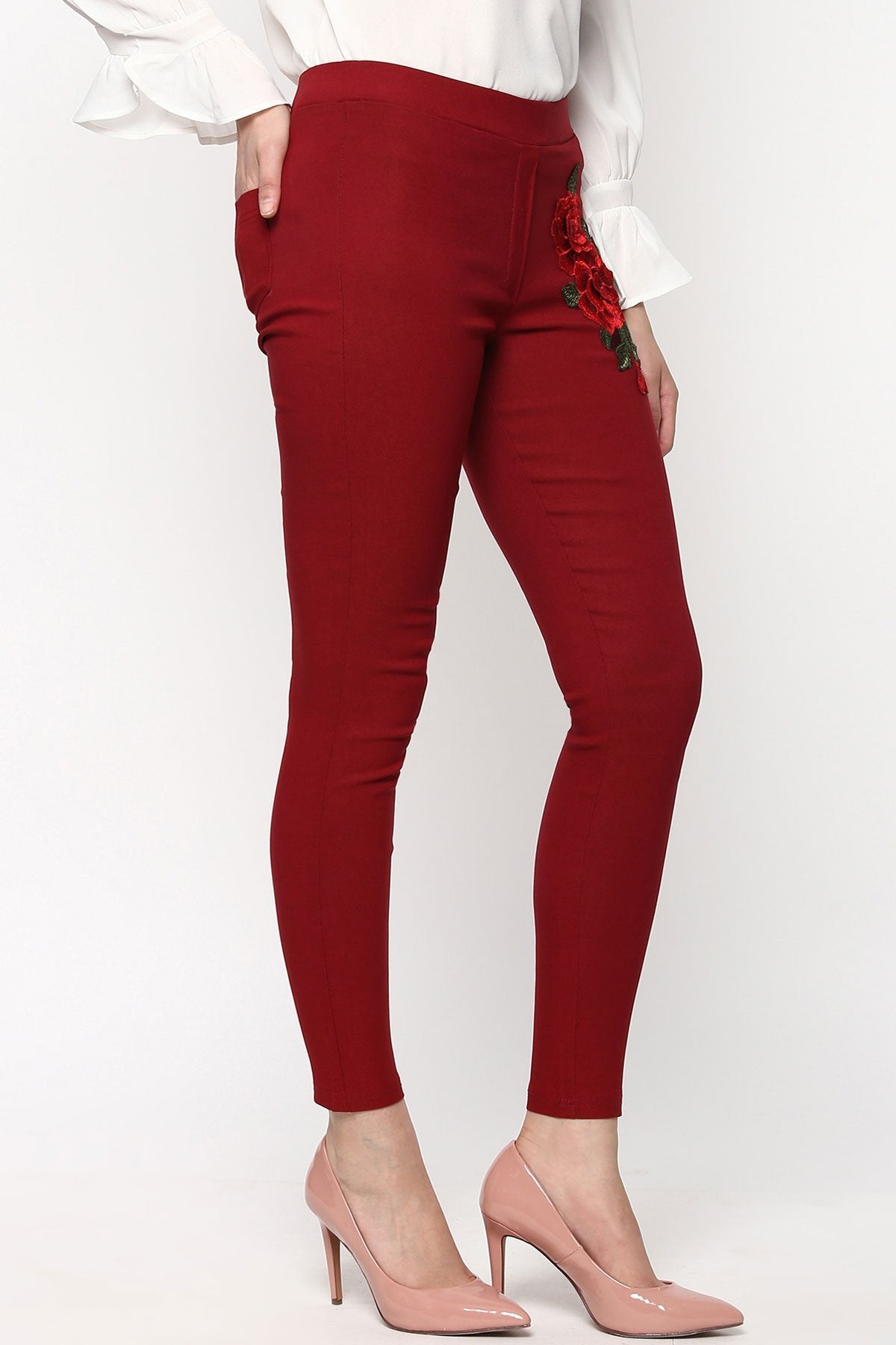 Women's Maroon Embroidered Flower Patch Jegging - SASSAFRAS