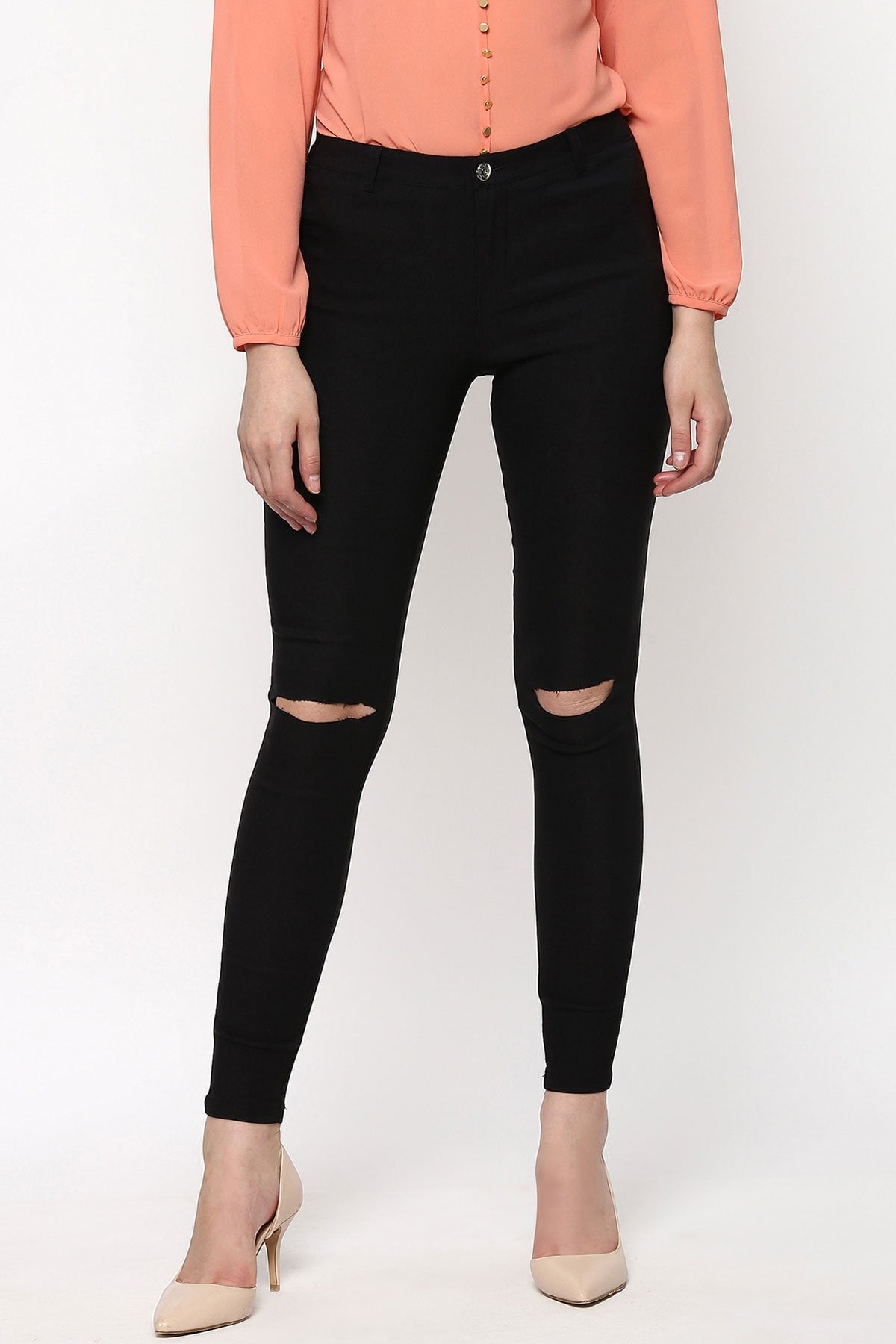 Women's Black Ripped Jegging - SASSAFRAS