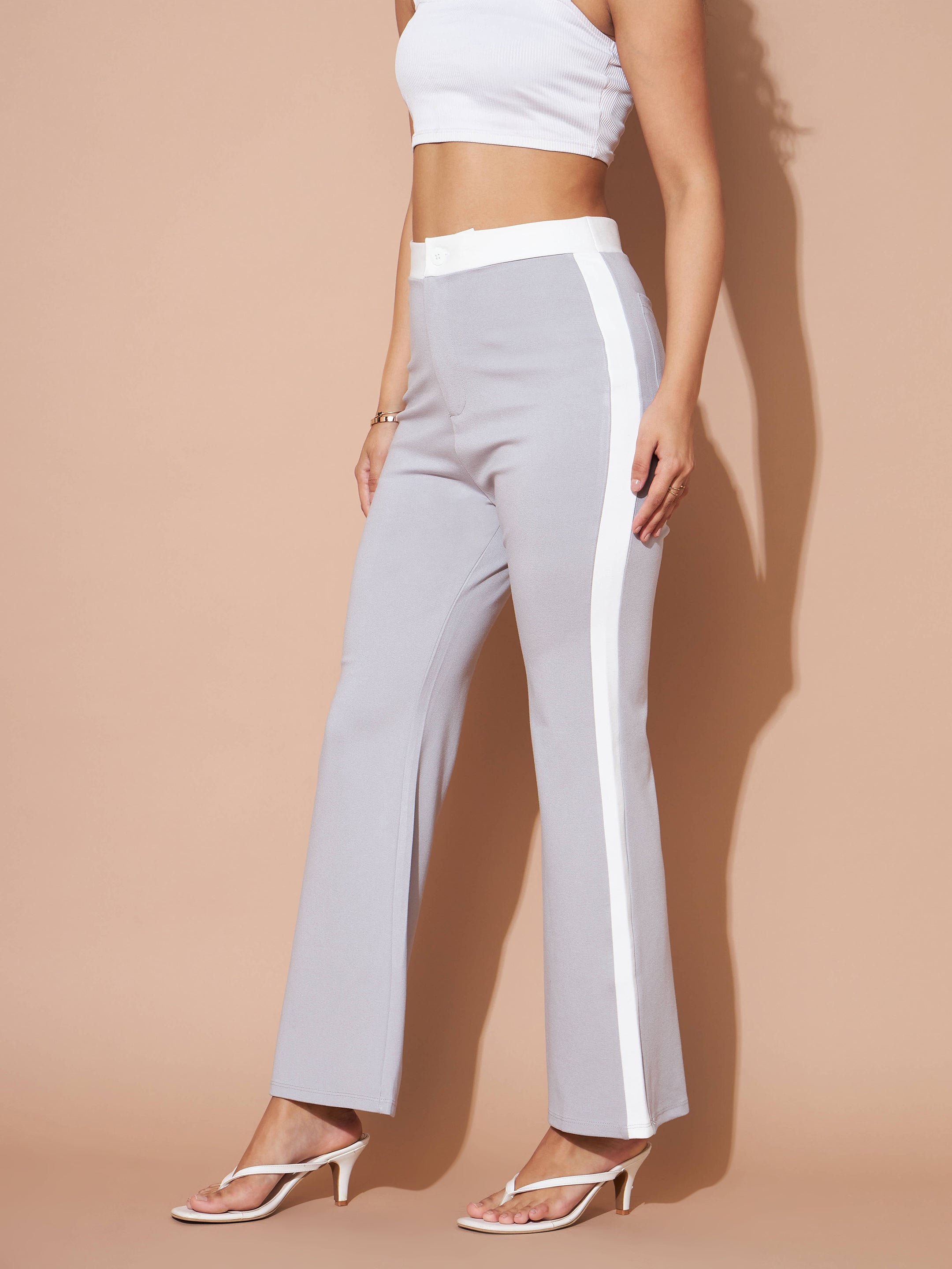 Women's Grey And White Colour Block Pants - Lyush