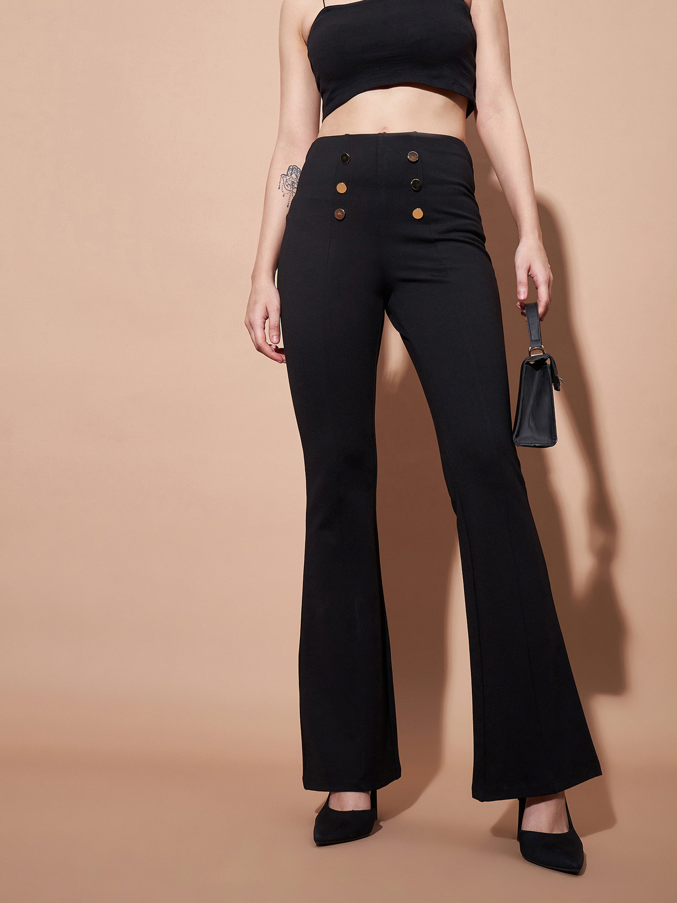 Women's Black High Waist Gold Show Buttons Pants - Lyush – Trendia