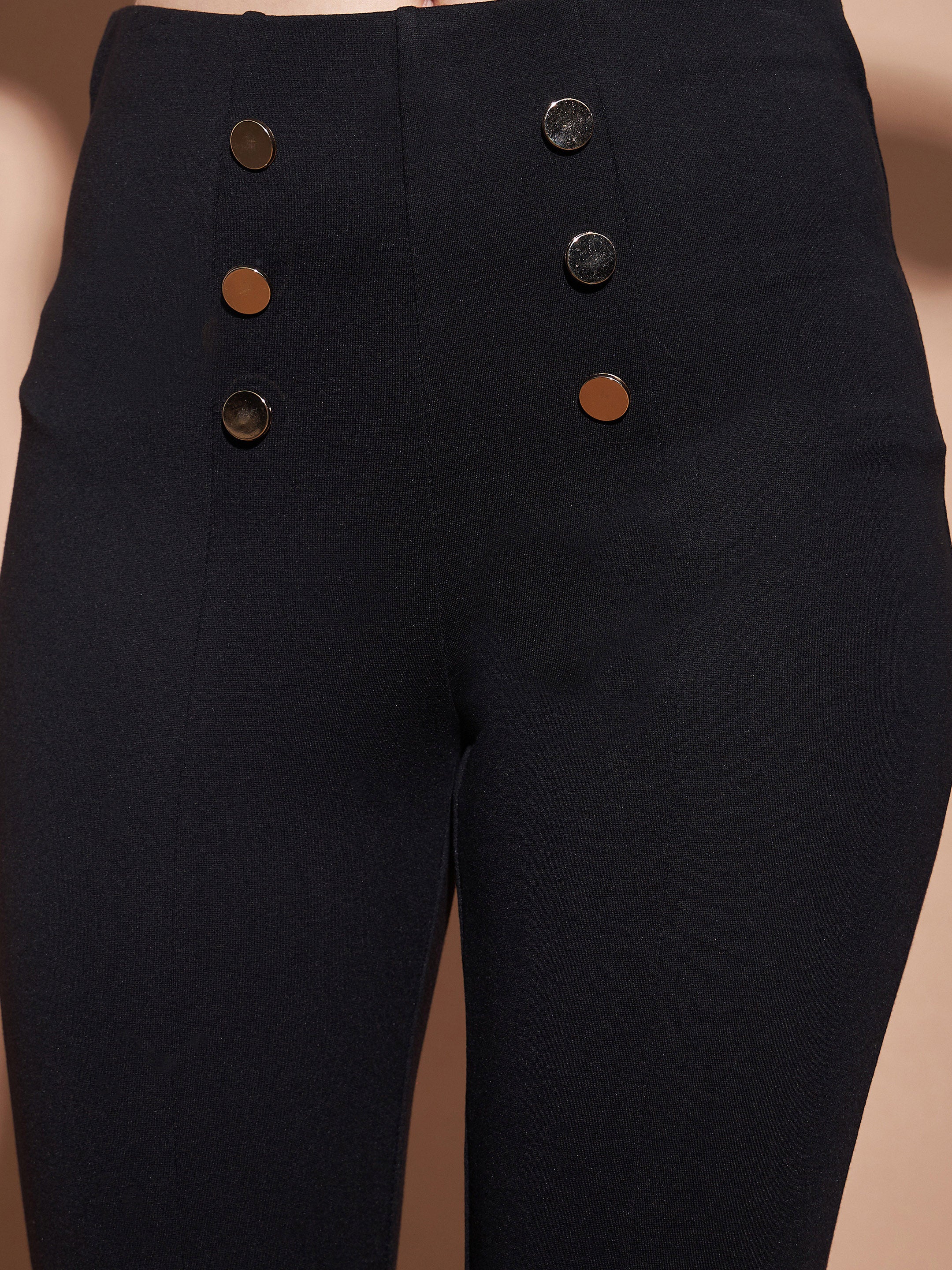 Women's Black High Waist Gold Show Buttons Pants - Lyush