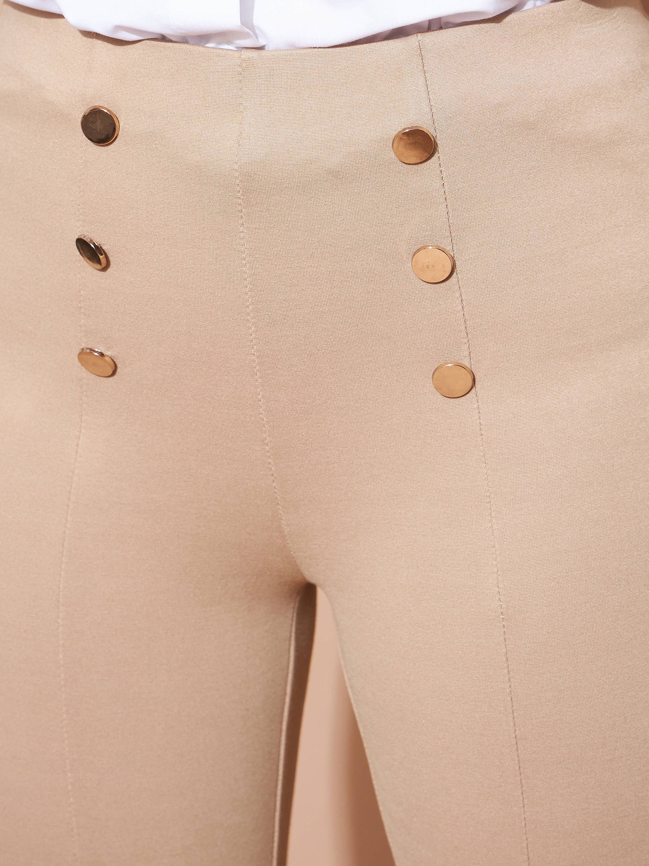 Women's Beige High Waist Gold Show Buttons Pants - Lyush