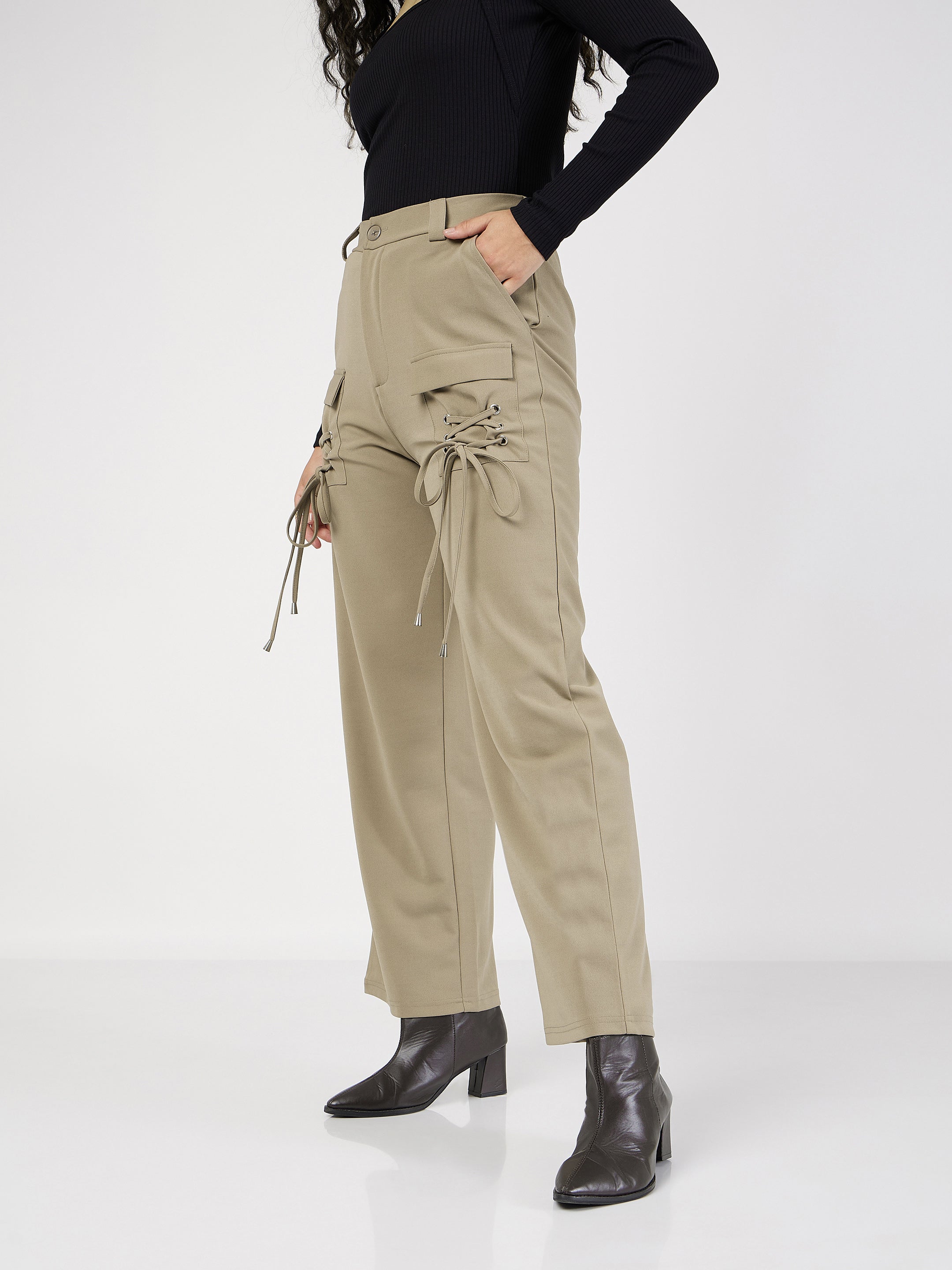 Women's Beige Cris Cross Pocket Detail Cargo Pants - Lyush