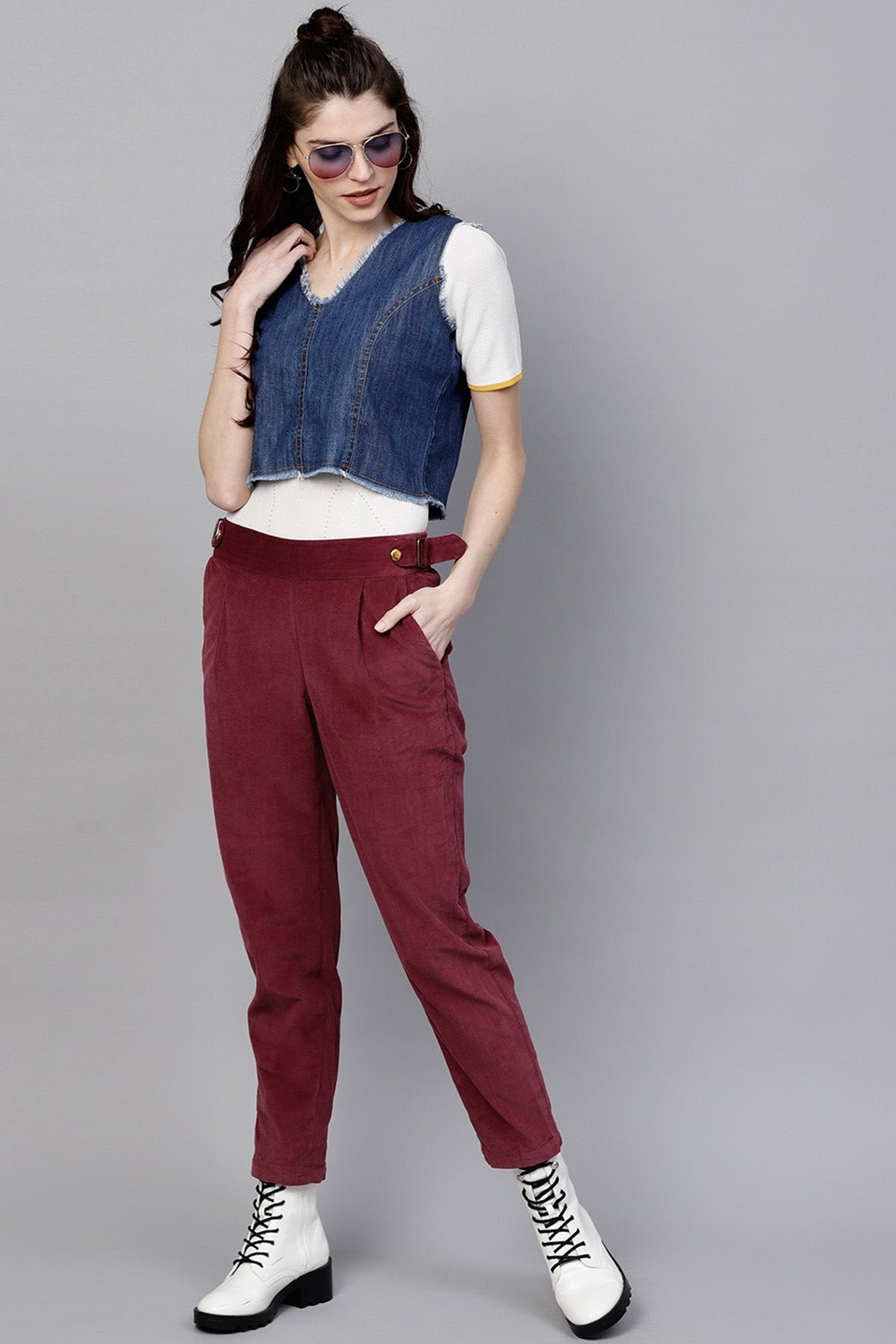 Women's Maroon Corduroy Slim Pants - SASSAFRAS